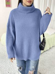 Flirla Plus Size Solid Color Turtleneck Long Sleeve Simple Pullover Sweater, Casual Everyday Wear Knit Pullover Fall Winter Sweater - Baby Blue - View 6