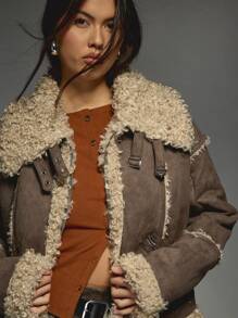 MISSGUIDED Premium Shearling Biker Jacket With Buckle Belt Winter Faux Fur Trim Warm Outerwear Aviator Style Fashion Coat - Brown - View 4