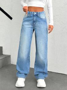 SHEIN Jeans rectos, sueltos y holgados con botones delanteros y bolsillos, uso casual cotidiano para mujer