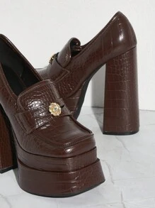 SHUZIA Zapatos de tacón alto grueso con suela gruesa, de estilo chic, lindo y de moda, en color marrón efecto cocodrilo, para fiestas