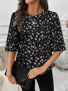 SHEIN LUNE 女式荷叶边泡泡袖动物印花衬衫，冬季休闲办公室工作服 - 黑色 - 查看 3