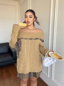 SHEIN Unity Plus Size Sexy Open Shoulder Leopard Print Ribbon Cable Knit Pullover Sweater, Autumn/Winter Knit Pullover Fall - Apricot - View 4