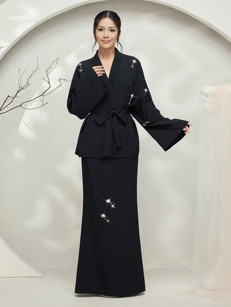 Graceveil Baju Kurung z przodu koronkowa bluzka z długim rękawem i spódnica w kształcie litery A, swobodny, 2-częściowy zestaw, skromny