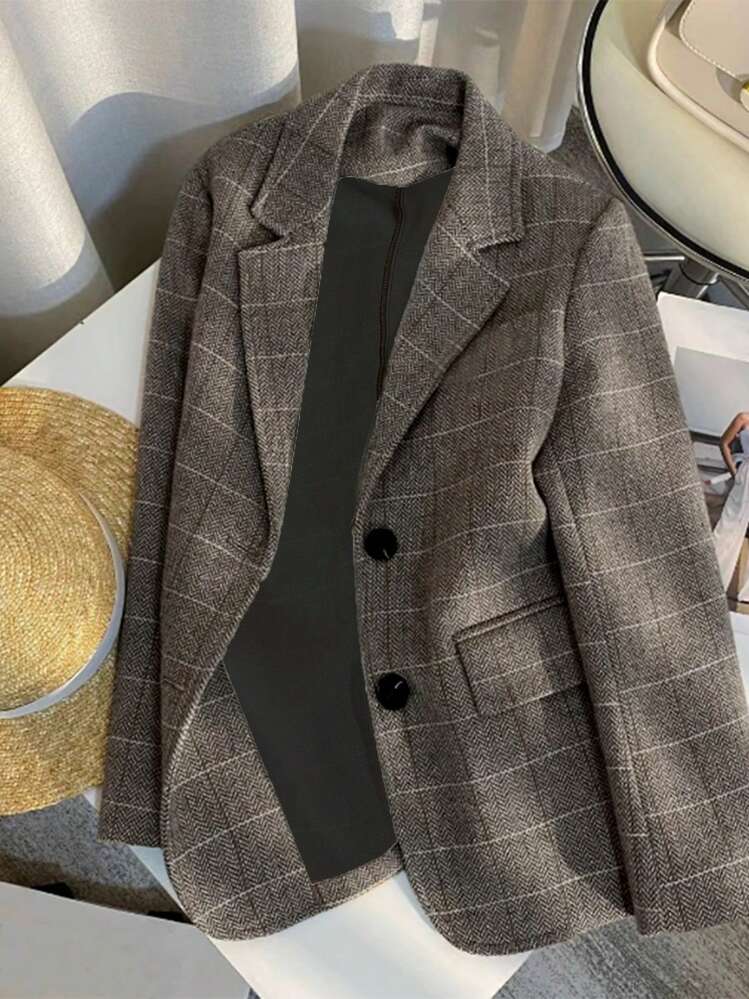 Franclia Blazer Xadrez de Manga Longa com Lapela Feminino - Marrom Claro - Visão 1