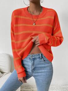 SHEIN LUNE Women's Round Neck Long Sleeve Striped Minimalist Pullover Sweater, Casual Daily Wear Knit Pullover Fall Winter - Orange - View 5
