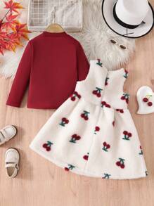 SHEIN 2pcs/Set Girls Cherry Jacquard Sleeveless Dress & Solid Stand Collar Top, Casual Outfit For Autumn/Winter - Multicolor - View 2
