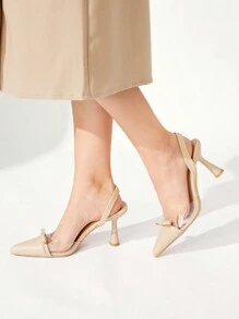 CUCCOO CHICEST Women's Elegant Transparent Pointed Toe Bow Decor Stiletto High Heels Sandals, Khaki Faux Leather PVC Ankle Strap Shoes For Afternoon Tea Date - Apricot - View 7