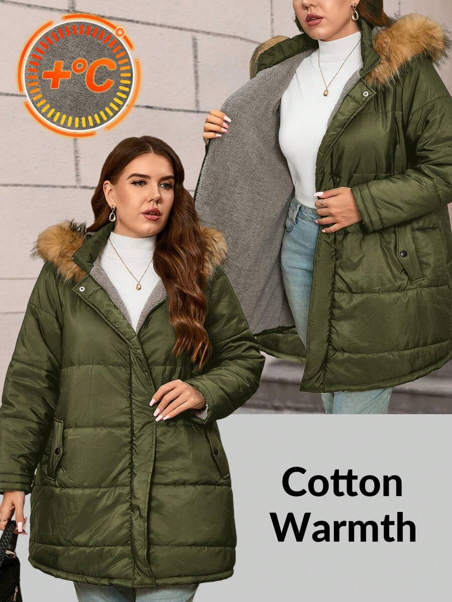 SHEIN LUNE Áo khoác mùa đông cỡ lớn có mũ trùm đầu có cổ lông thú Quần áo mùa đông cho phụ nữ Áo khoác cách nhiệt bằng lông cừu Quần áo mùa đông Quần áo mùa đông cong Quần áo năm mới cho phụ nữ - xanh quân đội - Xem 1
