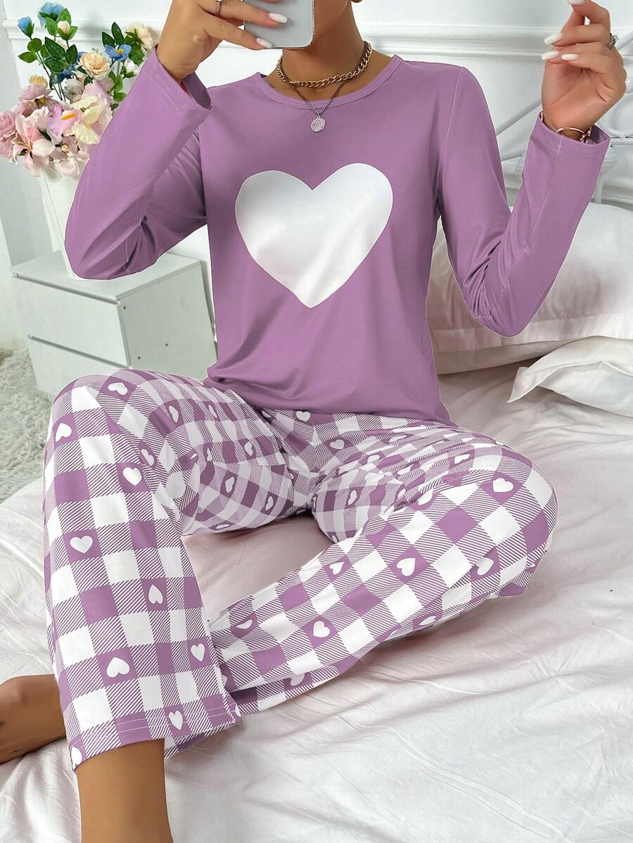Bộ 2 món Áo in hình trái tim cỡ lớn phối quần kẻ sọc pijama, trang phục thu đông ấm áp và thanh lịch - Màu tím - Xem 1