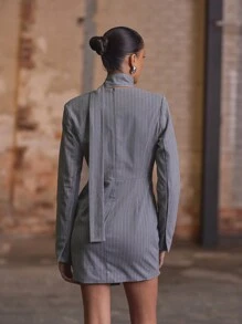 MUSERA Rochie tip cămașă cu dungi și decolteu în V, elegantă, de primăvară și iarnă, stil business, casual - Gri - Vizualizare 3