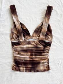 Soleia Damen Urlaubs Lässig Romantisch Resort Camisole mit Knoten und geraffter Taille, vintage Batik Muster, figurschmeichelndes Design, für Partys