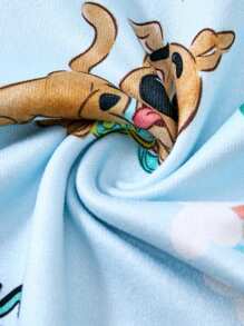 SCOOBY-DOO X SHEIN 小男孩卡通小狗，彩虹和太阳印花可爱舒适休闲长袖T恤和裤子睡衣套装，杏色和蓝色 - 藍白色 - 查看 6