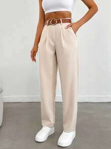 EURMUSE Women Solid Color Pleated Straight Loose Daily Casual Commuting Long Pants - Beige - View 5