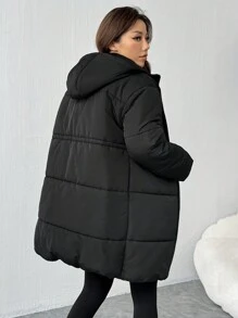 SHEIN EZwear Winter New Thick Warm Solid Color Mid-Length Drawstring Hooded Padded Coat