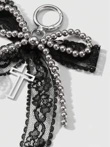 ROMWE Kawaii 1 chiếc Y2K phong cách Gothic đính hạt thủ công CCB bạc, nơ lưới ren đen, mặt dây chuyền hình thánh giá rỗng móc khóa túi xách, phù hợp cho phụ nữ/bé gái mặc hàng ngày, quà tặng ngày lễ tình nhân, Halloween - màu đen - Xem 10