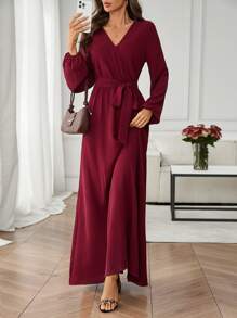 Ellevyn 女士勃艮第红 A 字裙，时尚通勤、休闲外套、秋冬 - 酒紅色 - 查看 3