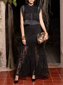 VERO DIAZ 设计师女士黑色高腰荷叶边下摆蕾丝优雅性感裙子，外出，节日 - 黑色 - 查看 4