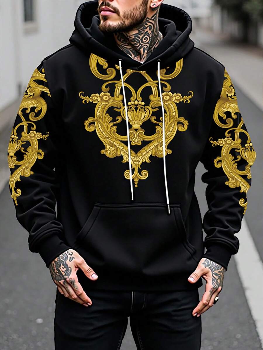 Manfinity LEGND Áo nỉ có mũ trùm đầu in họa tiết cổ điển dành cho nam, Áo hoodie dài tay họa tiết Paisley họa tiết mùa thu giản dị, Quà tặng cho bạn bè, chồng, bạn trai - màu đen - Xem 1