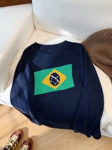 SHEIN EZwear 女士休闲拼色套头衫，适合秋冬季 - 藏蓝色 - 查看 1