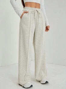 SHEIN PETITE Women Fall Khaki Pebble Seam Detail Straight Leg Sweatpants Graduation,Back To School Outfits,Graduation,Teacher Outfits For Women,Back To School