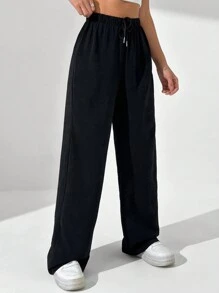SHEIN Unity 纯色抽绳松紧腰阔腿裤 - 黑色 - 查看 4