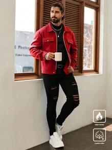 Manfinity Homme Men's Casual Solid Color Short Style Jacket, Autumn,Red Winter Men Jacket,Fall Men Clothes,Men's Long Sleeve Padded Coat