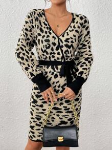 Chiquease Fashionable Leopard Print Knit Long Sleeve Tie Waist Sweater Dress - Multicolor - View 1