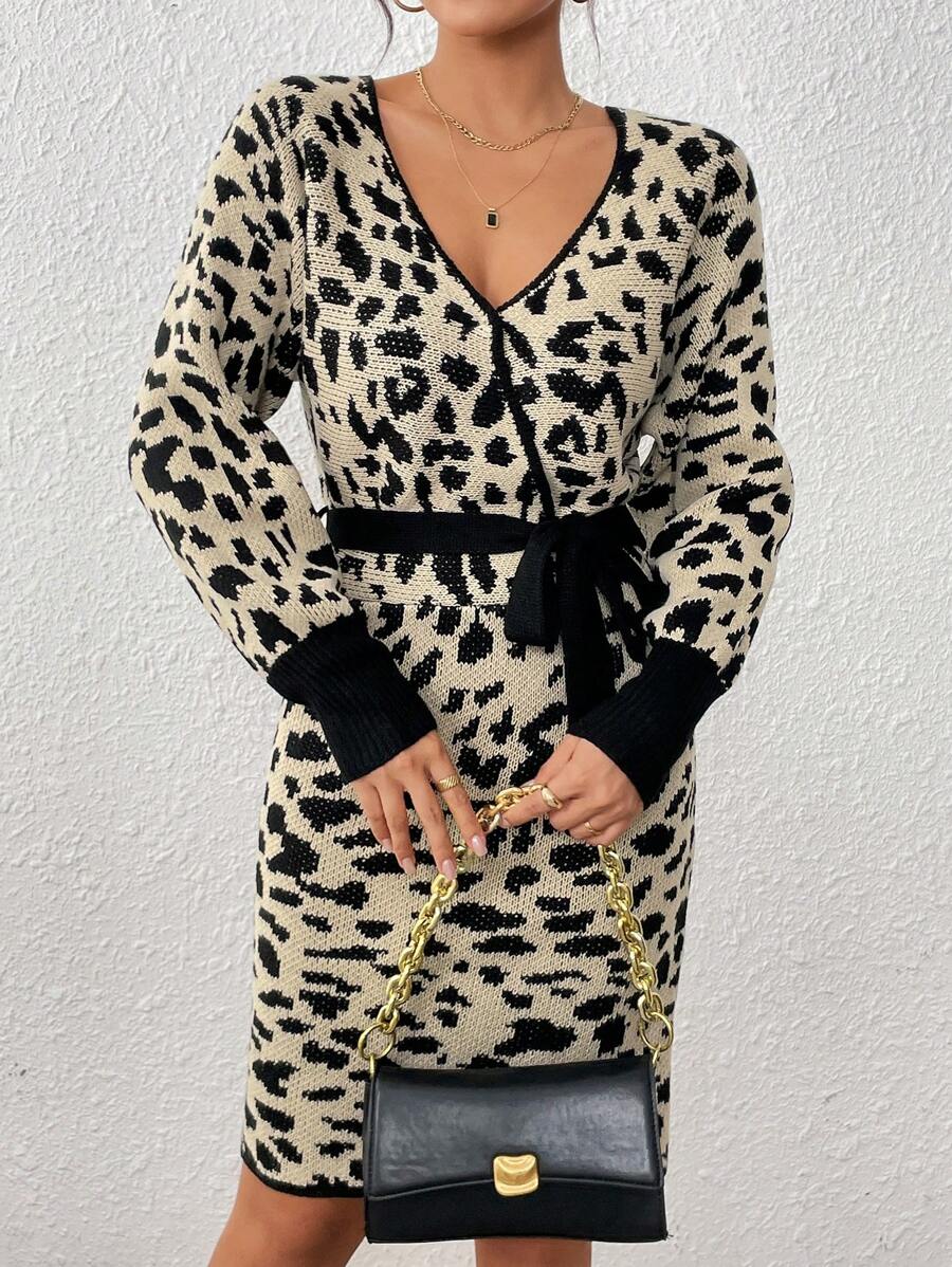 Chiquease Fashionable Leopard Print Knit Long Sleeve Tie Waist Sweater Dress - Multicolor - View 1