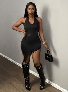 Slaydiva 全新性感日常约会吊带 V 领腰部 PU 拼接不对称下摆超迷你连衣裙露背女式迷你连衣裙-F - 黑色 - 查看 3
