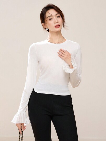 EastFlair Damen elegantes Weihnachts Rüschen Splice Langarm T-Shirt, koreanischer Stil Celebrity Pullover Oberteil, geeignet für Neujahr