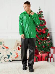 Mainfolk Unisex Loose Fit Batwing Long Sleeve Shirt With Sequin Embroidery, Streetwear Style, Fall, For Christmas - Green - View 3