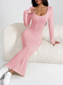 SHEIN PETITE Women's Solid Color Round Neck Long Sleeve Slim Fit Dress