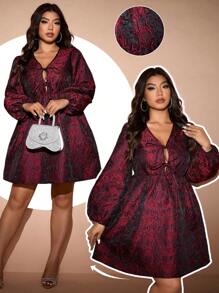 SHEIN Unity 大码优雅高端系带宽松 A 字型浪漫提花女士派对礼服，情人节勃艮第色女士装 - 酒紅色 - 查看 6