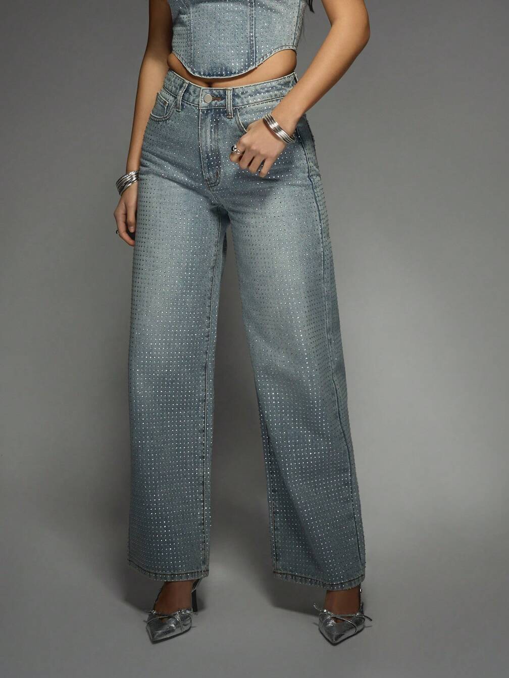 MISSGUIDED ラインストーン装飾ワイドレッグデニムパンツ｜MISSGUIDED