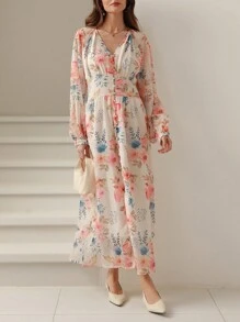 Aveloria Rosie 优雅法式花园花卉轻质雪纺连衣裙，配 PU 腰带，立领，长袖，及踝长，春秋情人节 - 彩色 - 查看 4