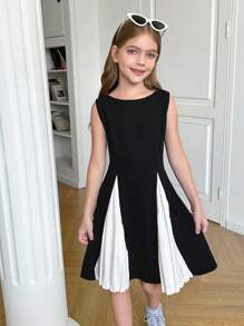 SHEIN Nova Glow Tween Girl 黑白褶皱拼接无袖圆领高腰休闲优雅连衣裙，淑女风，学院风，经典黑色连衣裙，白色，黑色，返校，情人节 - 黑與白 - 查看 4