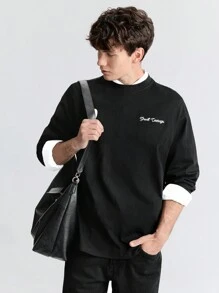 Ontre Men's Letter Print Contrast Trim Round Neck Casual Long Sleeve T-Shirt - Black - View 2