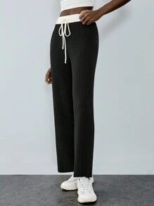 SHEIN Unity 女士简约拼色休闲系带毛衣和裤子套装，秋冬 - 黑色 - 查看 5