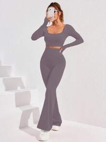 Women Solid Color Crew Neck Long Sleeve Cropped Top And Legging Sports Set Workout Women Set - Dusty Purple - View 4