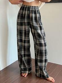 DAZY Women's Elastic Waist Plaid Casual Loose Fit Loungewear Cozy Pants, For Pajama, Fall & Winter - Grey - View 3