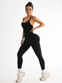Easithlete Women's Solid Color Simple Fitted Leisure Sports Jumpsuit/Seamless/Waisted - Black - View 6