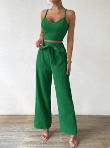 Breezaya 女士可调节肩带吊带背心上衣搭配蝴蝶结和直腿裤度假风 2 件套 - 綠色 - 查看 4