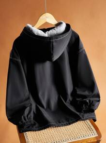 SHEIN Áo khoác hoodie có lớp lót nhiệt màu tương phản thường ngày dành cho bé trai tuổi teen, thích hợp cho mùa thu, đông, ấm áp, thường ngày, hàng ngày, thể thao, tiệc sinh nhật, đi chơi, phối đồ, đơn giản, sang trọng - màu đen - Xem 2