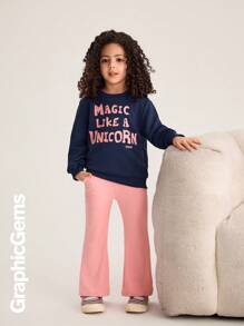 2pcs/Set Young Girl Round Neck Long Sleeve Letter Print Casual Top And Pants Set
