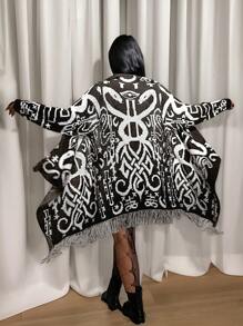 Flirla Plus Size Allover Print Asymmetrical Hem Tassel Decor Casual Cardigans - Coffee Brown - View 2