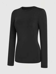 INAWLY Women's Solid Color Round Neck Long Sleeve T-Shirt Fall Cloth For Women - Black - View 4