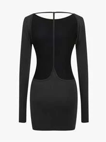 INAWLY Đầm mini hở lưng gợi cảm màu trơn cho nữ - màu đen - Xem 4