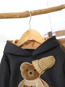 SHEIN 2pcs Baby Boys Casual Sports Streetwear Cute 3D Bear Embroidered Hooded Top And Pants Set, Warm Thick For Autumn/Winter Outdoor