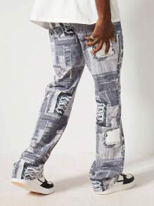 ROMWE MEN Street Life 男式口袋装饰休闲喇叭分层牛仔裤 - 藍色 - 查看 1