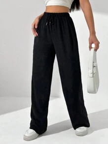 SHEIN Unity 纯色抽绳松紧腰阔腿裤 - 黑色 - 查看 6